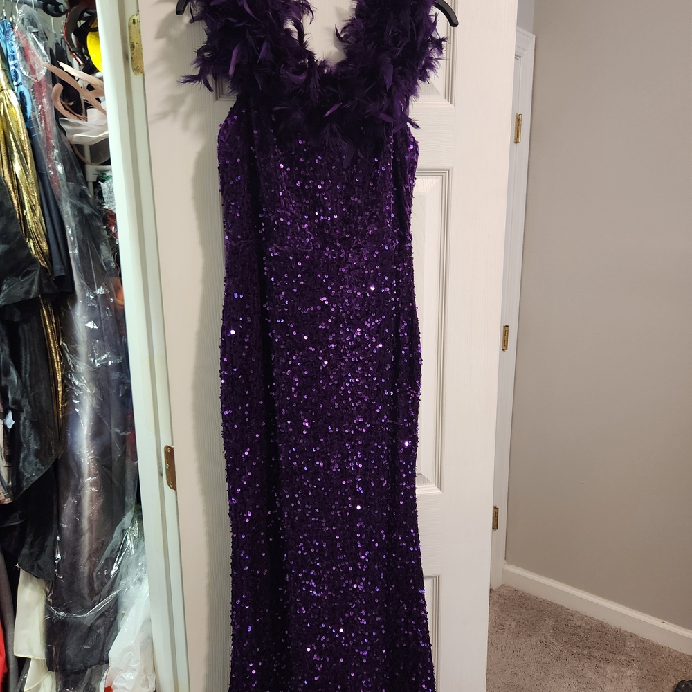 Purple Sequin Gown with Feather Trim - Lg